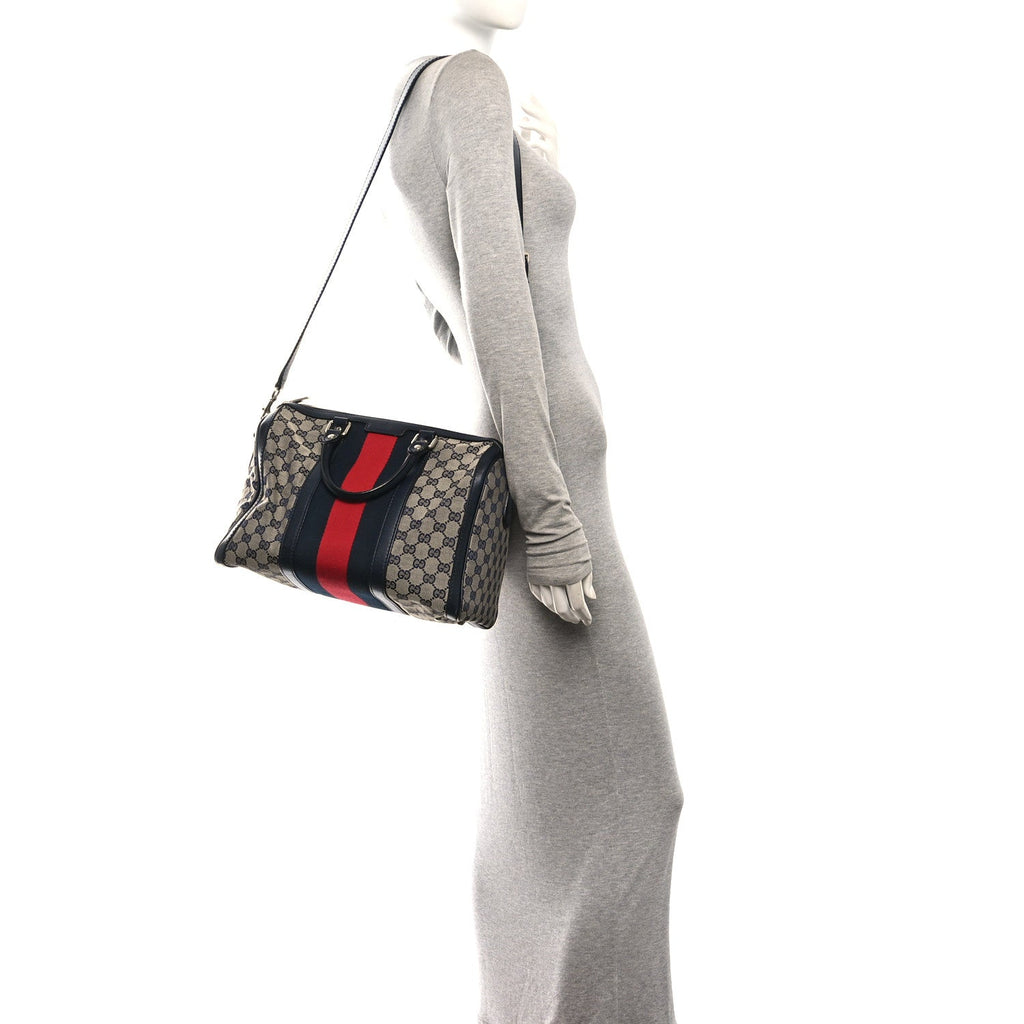Gucci Monogram Selleria Calfskin Vintage Web Medium Boston Beige Blue