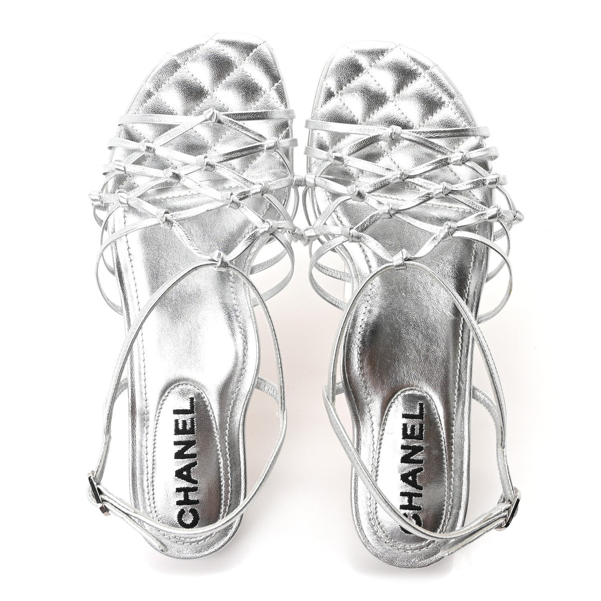 Chanel Laminated Lambskin Women's CC Sandals 36.5 Silver