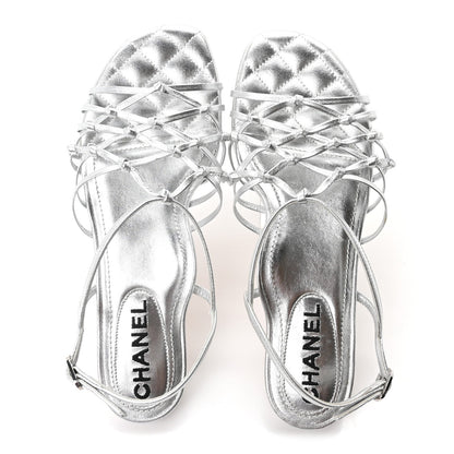 Chanel Laminated Lambskin Women's CC Sandals 36.5 Silver