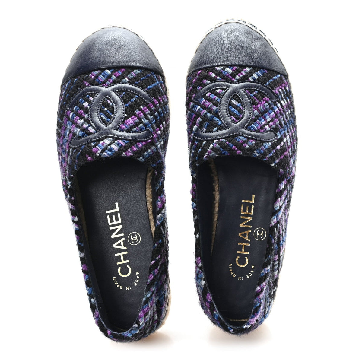 Chanel Tweed Grosgrain Women's CC Espadrilles 35 Purple Black Navy