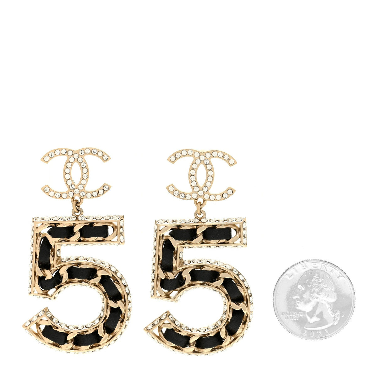 Crystal Lambskin Chain CC No 5 Drop Earrings Gold Black