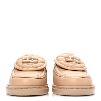 Chanel Lambskin Quilted CC Turnlock Beige Women's Moccasins