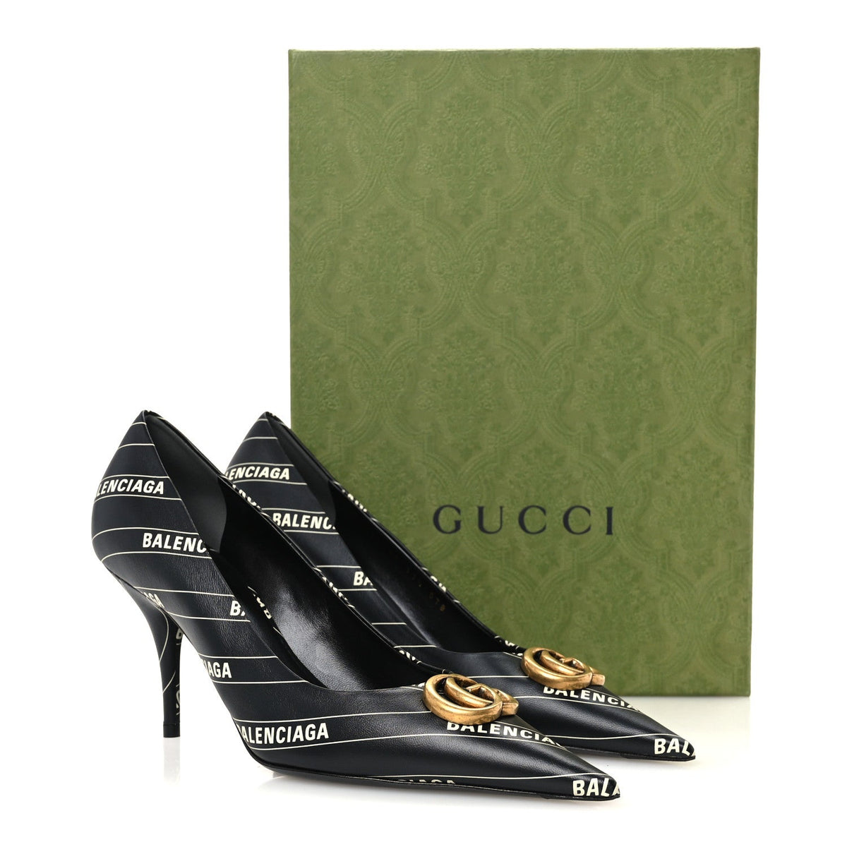 Balenciaga X Gucci Calfskin Women's Logo Knife 80mm Pumps 37.5 Black