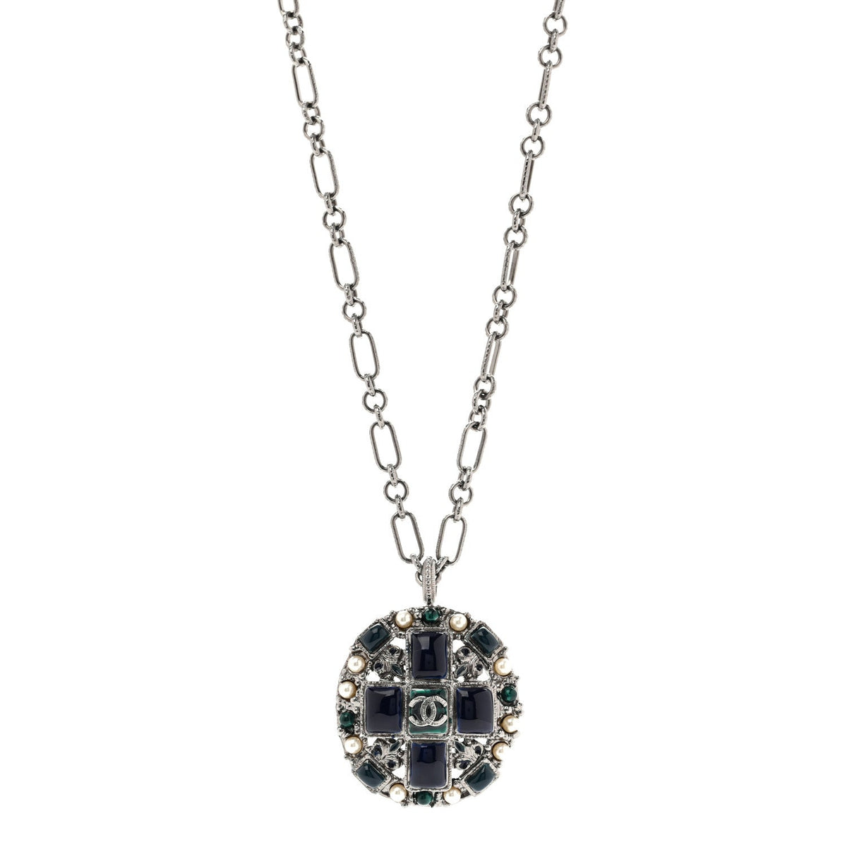 Gripoix Poured Glass Pearl CC Necklace Silver Blue Green White