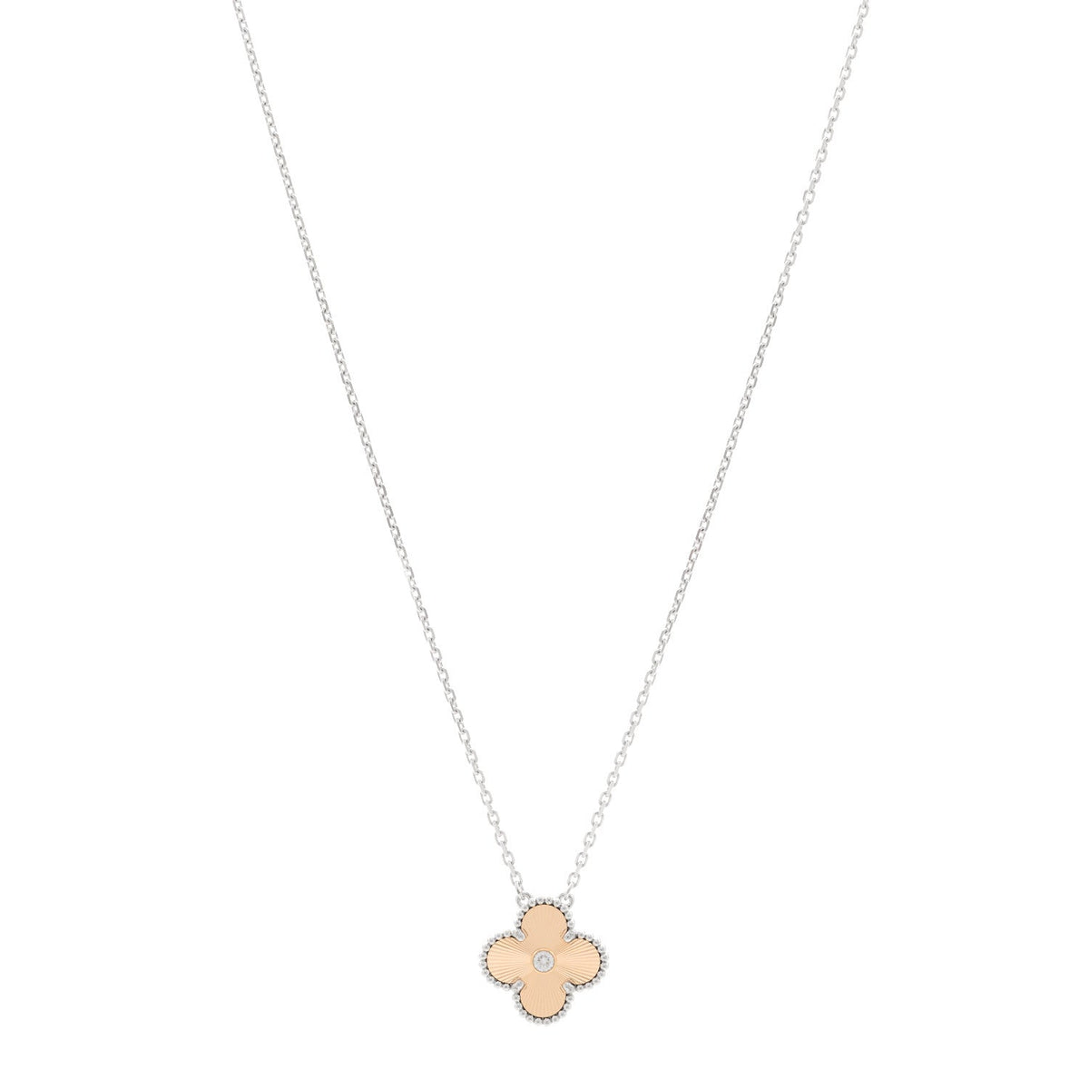 18K White Rose Gold Diamond Guilloche Vintage Alhambra Pendant Necklace