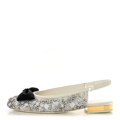 Chanel Satin Crystal Grosgrain Bow CC Slingback Women's Flats