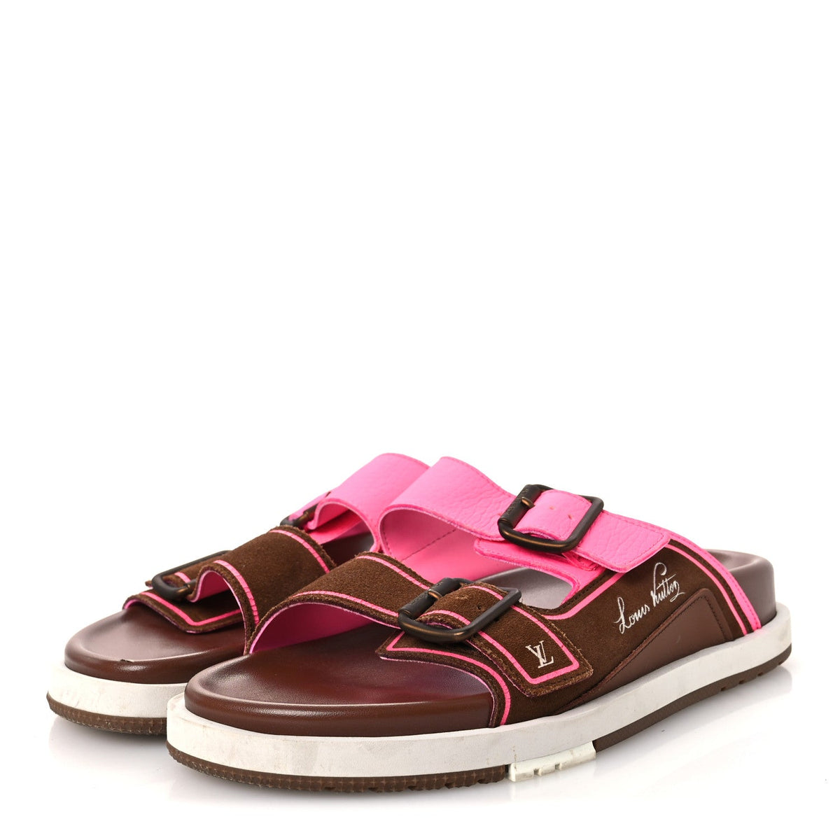 Louis Vuitton Mixed Materials Men's LV Script Trainer Mules 6 Brown Pink