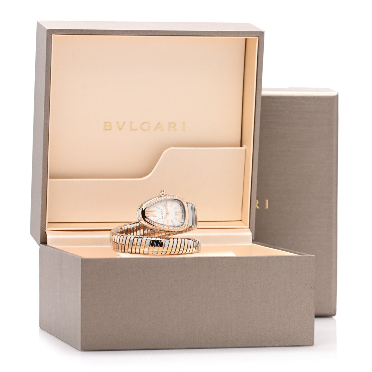 Bulgari Stainless Steel 18K Rose Gold Diamond 35mm Serpenti Tubogas Watch Silver