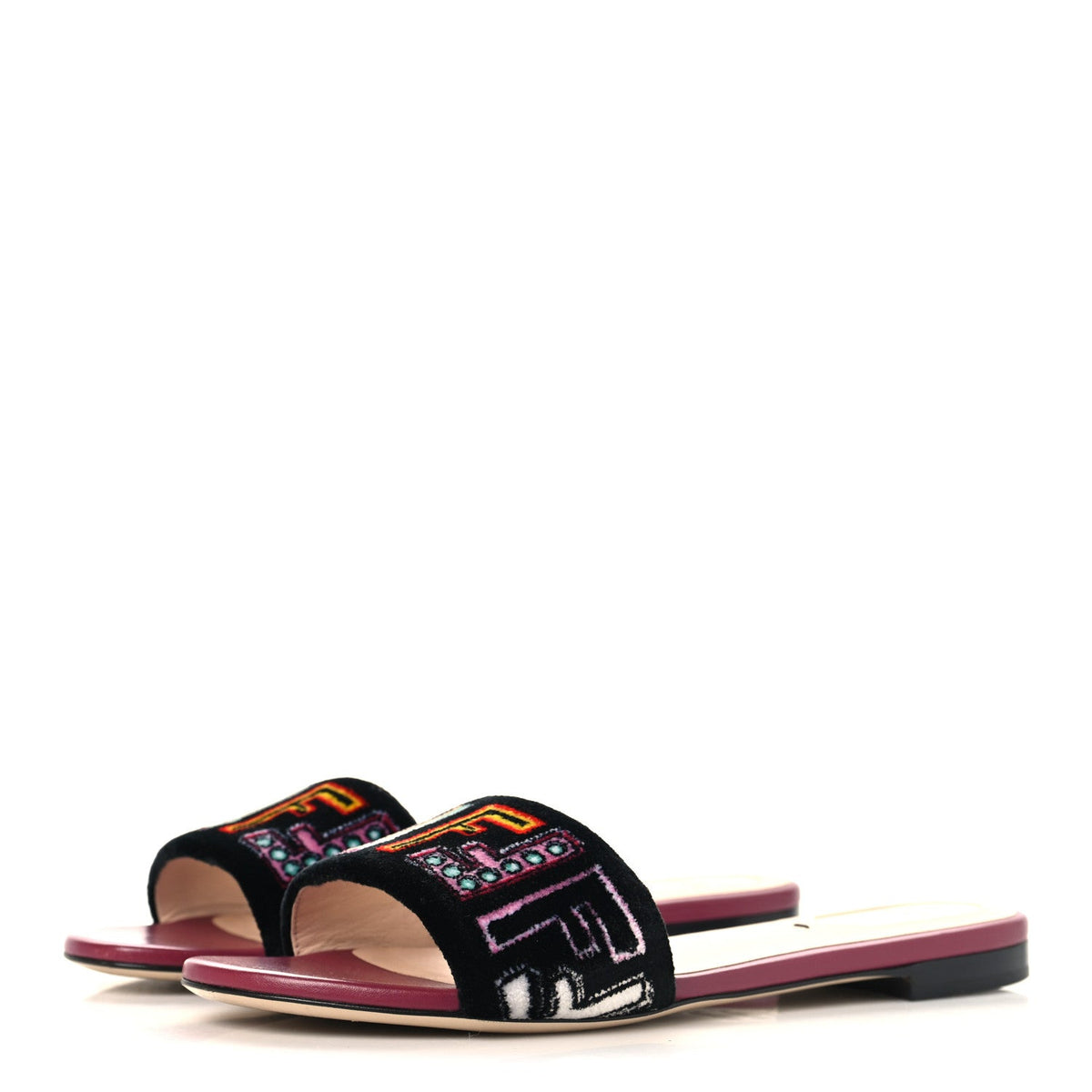 Fendi Velvet FF Women's Flat Slide Sandals 37.5 Multicolor