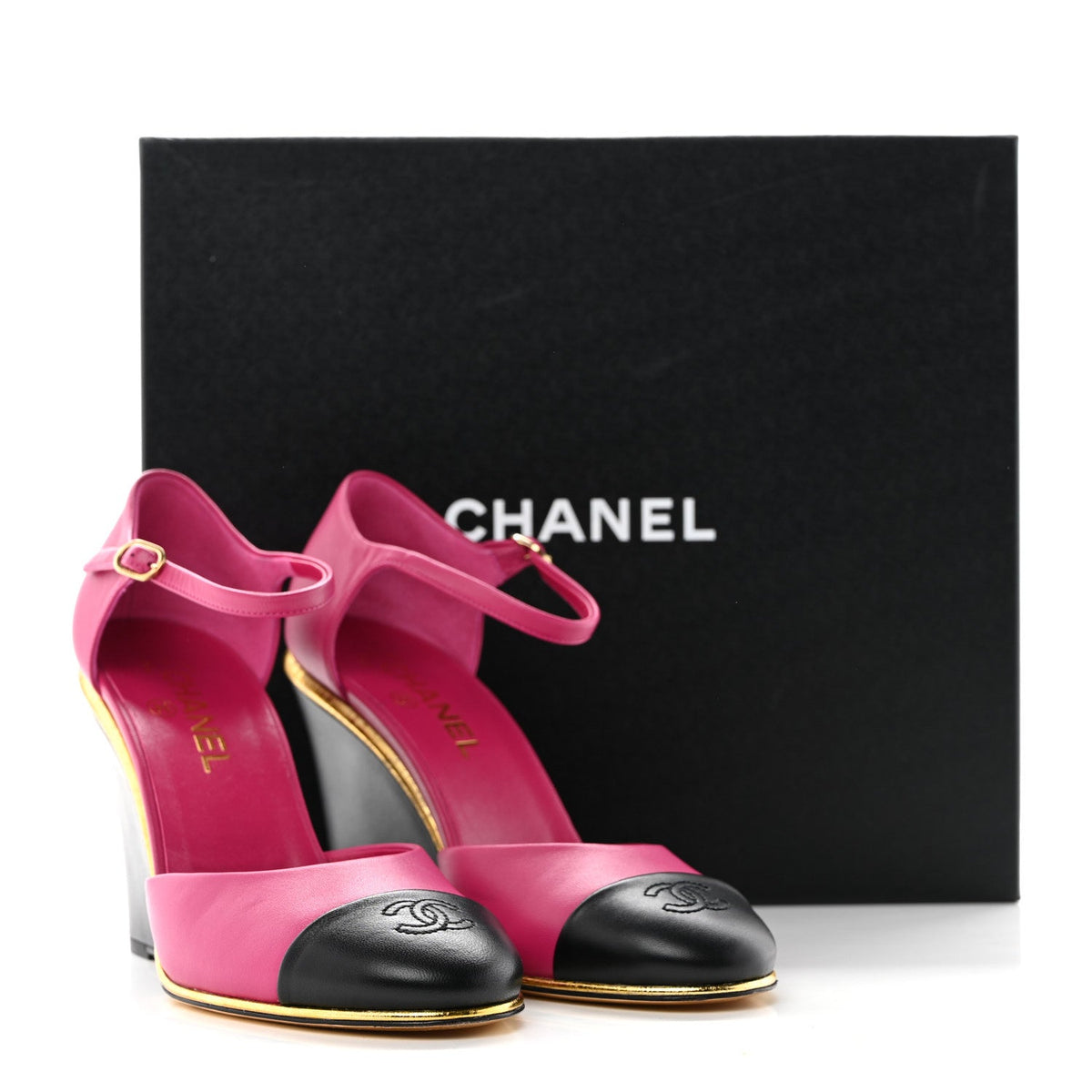 Chanel Lambskin Cap Toe Women's Open Wedge Pumps 40 Fuchsia Black