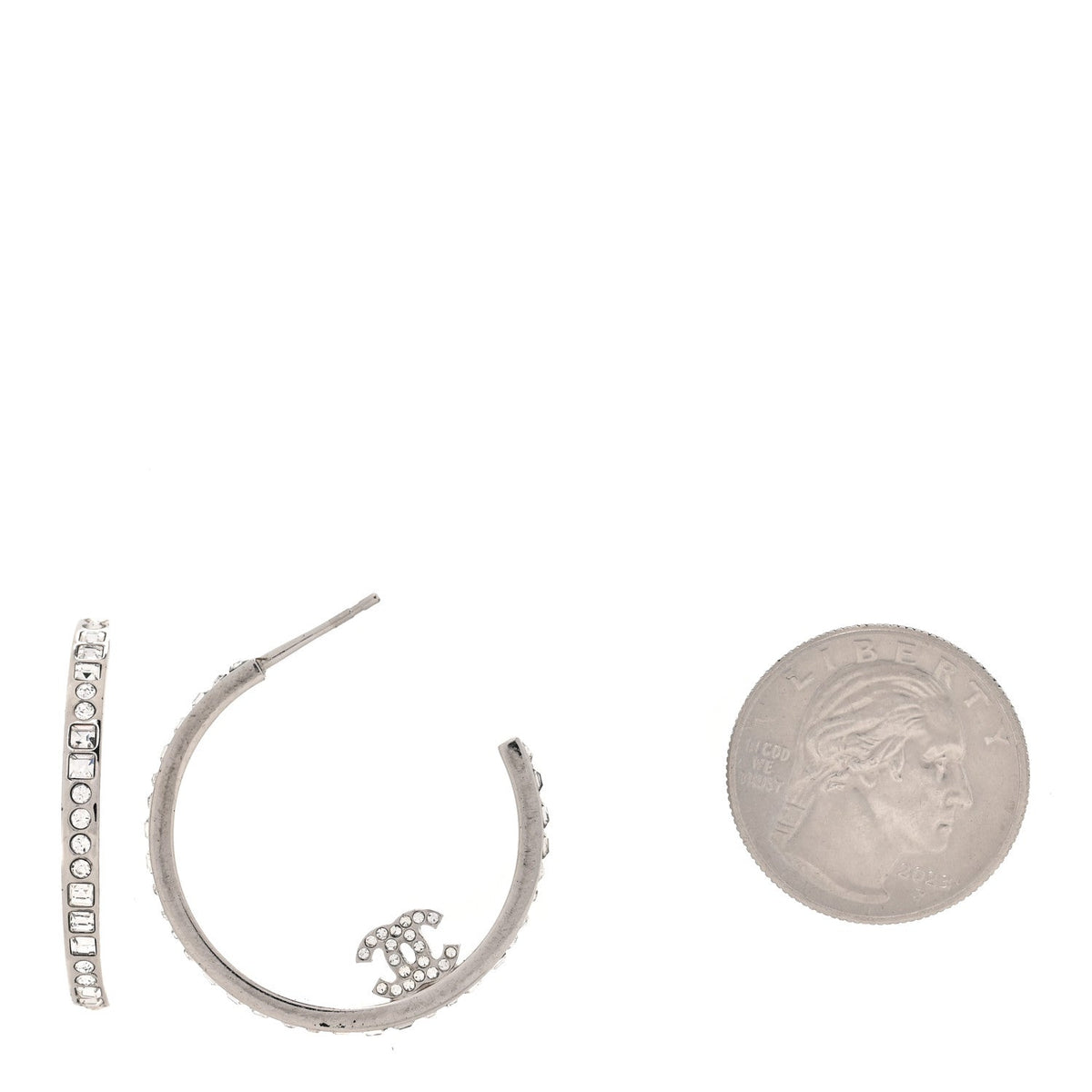 Metal Crystal Baguette CC Large Hoop Earrings Silver