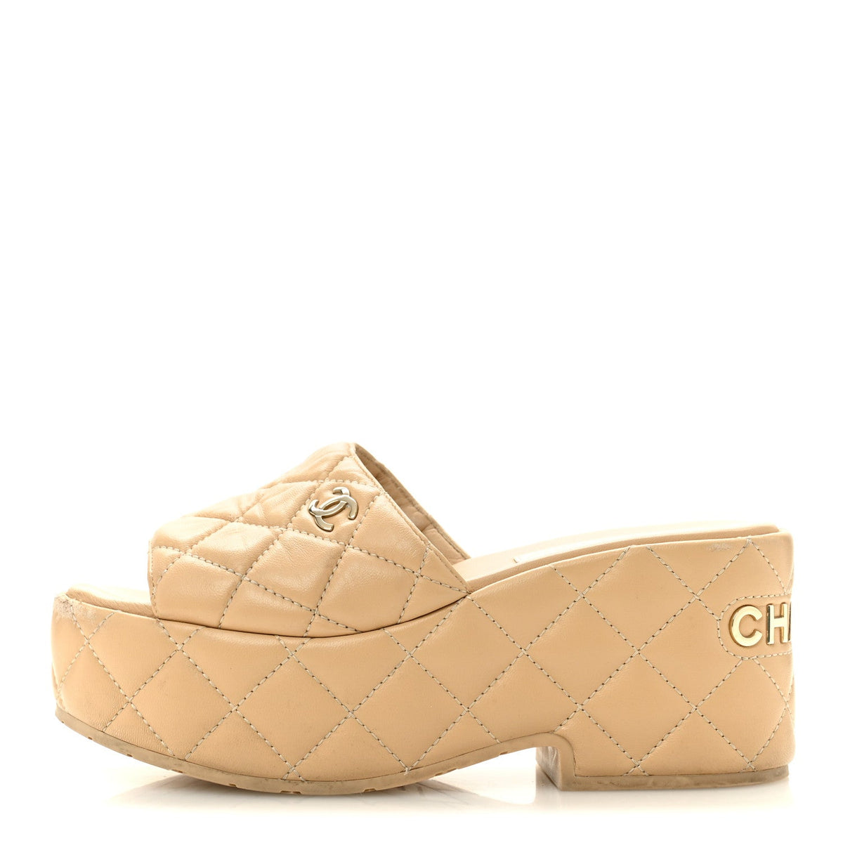 Lambskin Quilted CC Mules Wedge Sandals Beige