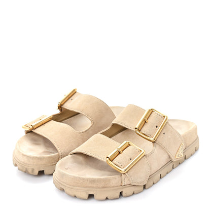 Prada Suede Women's Triangle Logo Slide Sandals 36 Ecru