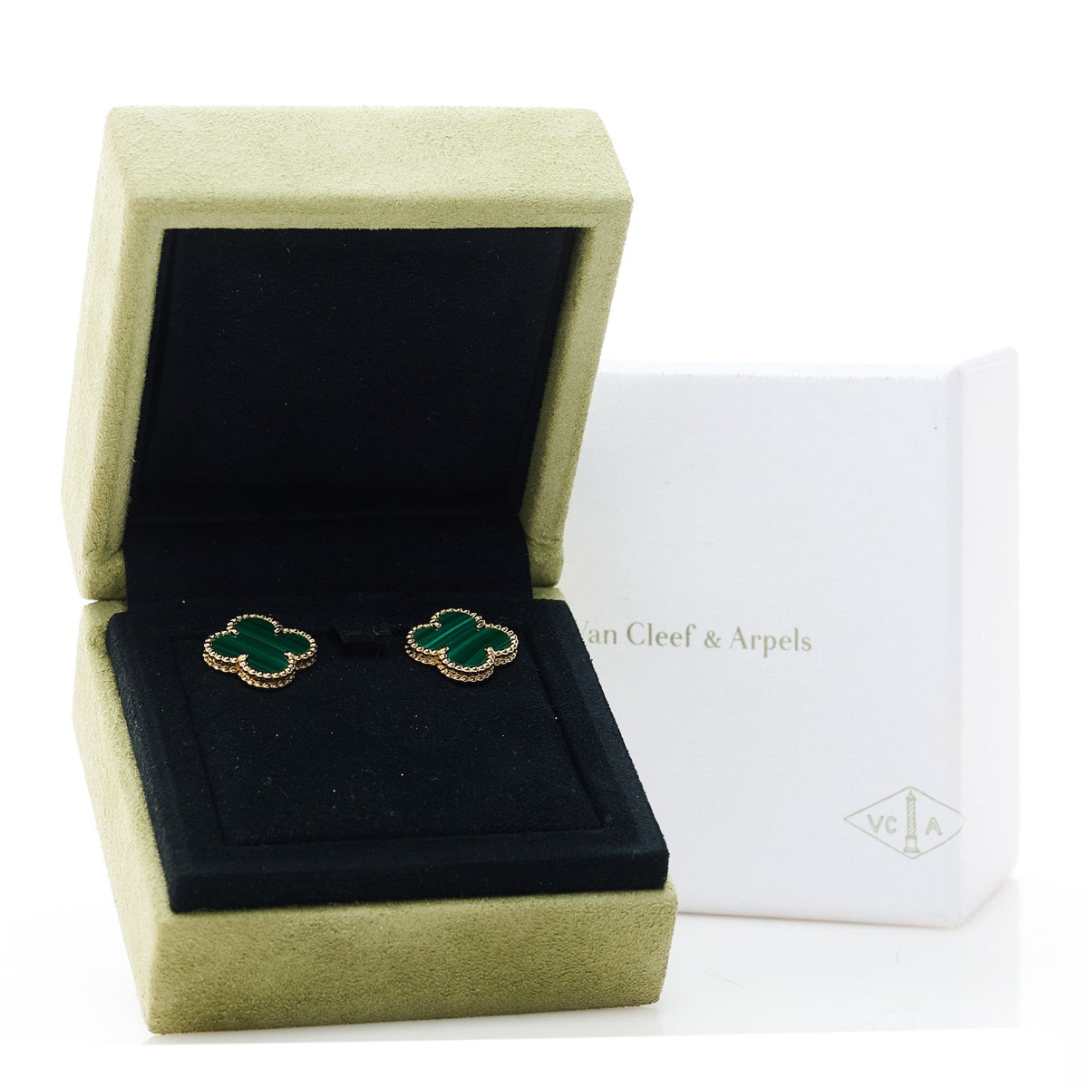 18K Yellow Gold Malachite Vintage Alhambra Earrings