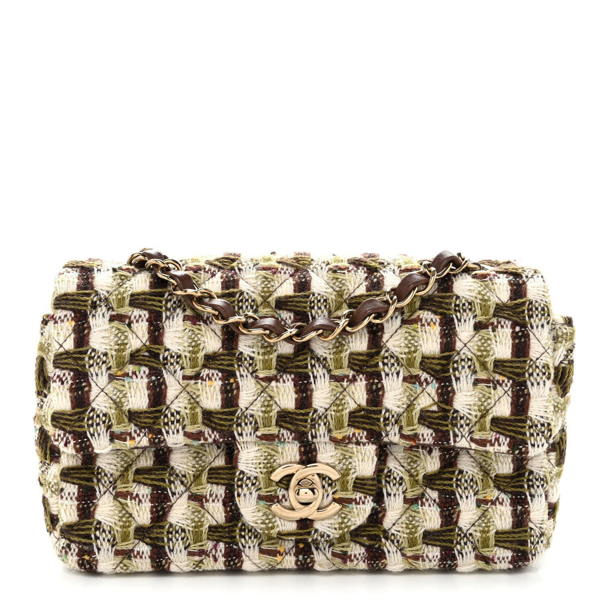 Chanel Tweed Quilted Mini Rectangular Flap Bag Green Brown