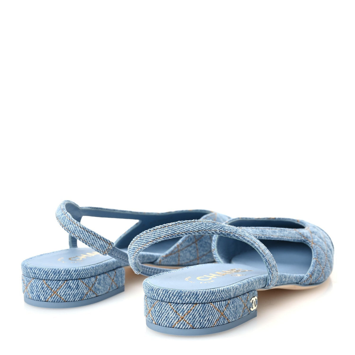 Chanel Denim Quilted CC Cap Toe Women's Slingback Flats Light Blue