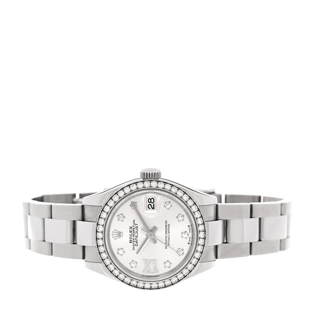 Rolex Stainless Steel 18K White Gold Diamond 28mm Oyster Perpetual Datejust Watch Silver 279384RBR
