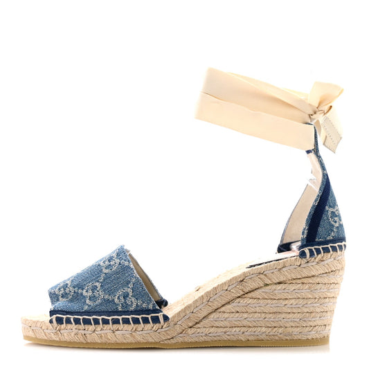 Gucci Denim GG Monogram Women's Pilar Espadrille Wedge Sandals 37 Light Blue
