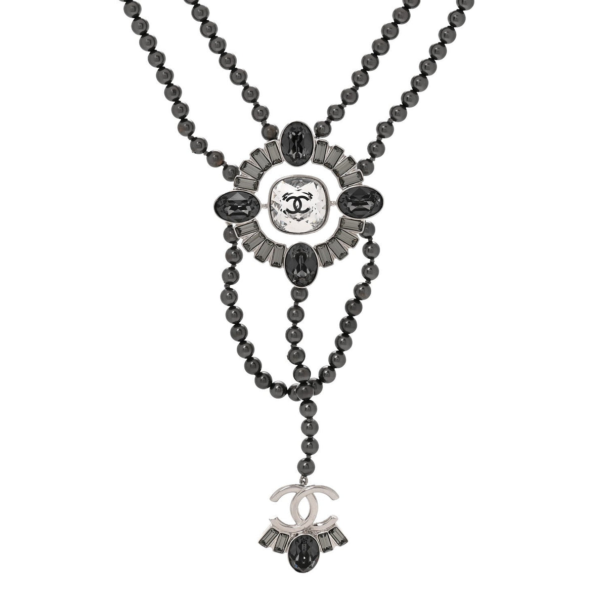 Baguette Crystal Resin Pearl CC Multi Strand Necklace Dark Grey