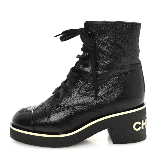 Shiny Crumpled Lambskin Lace Up Combat Boots Black