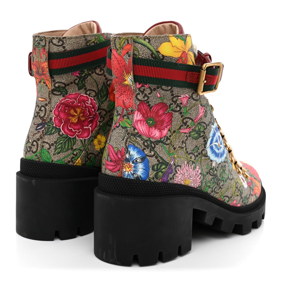 Gucci GG Supreme Monogram Flora Women's Lace Up Combat Ankle Boots 36 Beige Multicolor Red