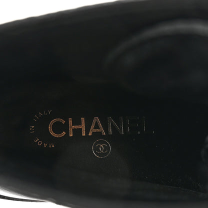 Chanel Shiny Calfskin Velvet Pearl Women's Combat Short Boots 38.5 Black