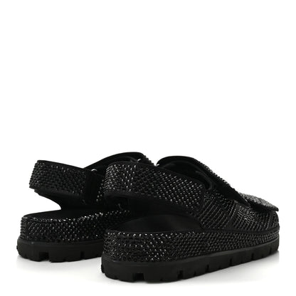 Prada Satin Crystal Women's Logo Velcro Sandals 37.5 Black