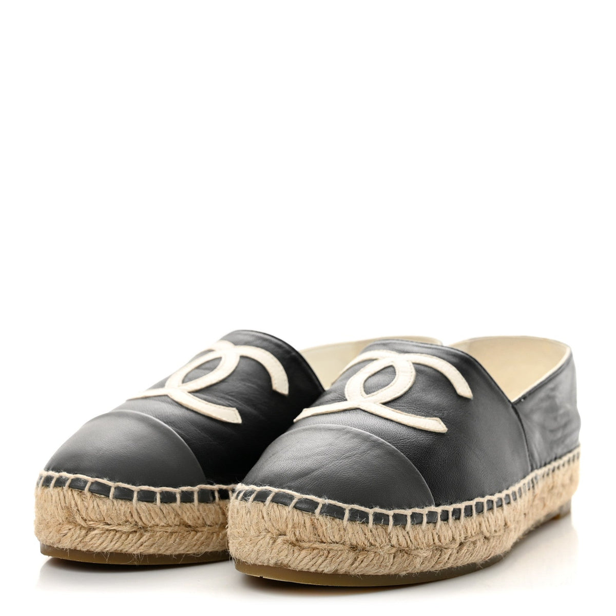 Chanel Lambskin CC Women's Espadrilles 37 Black White Dark Grey