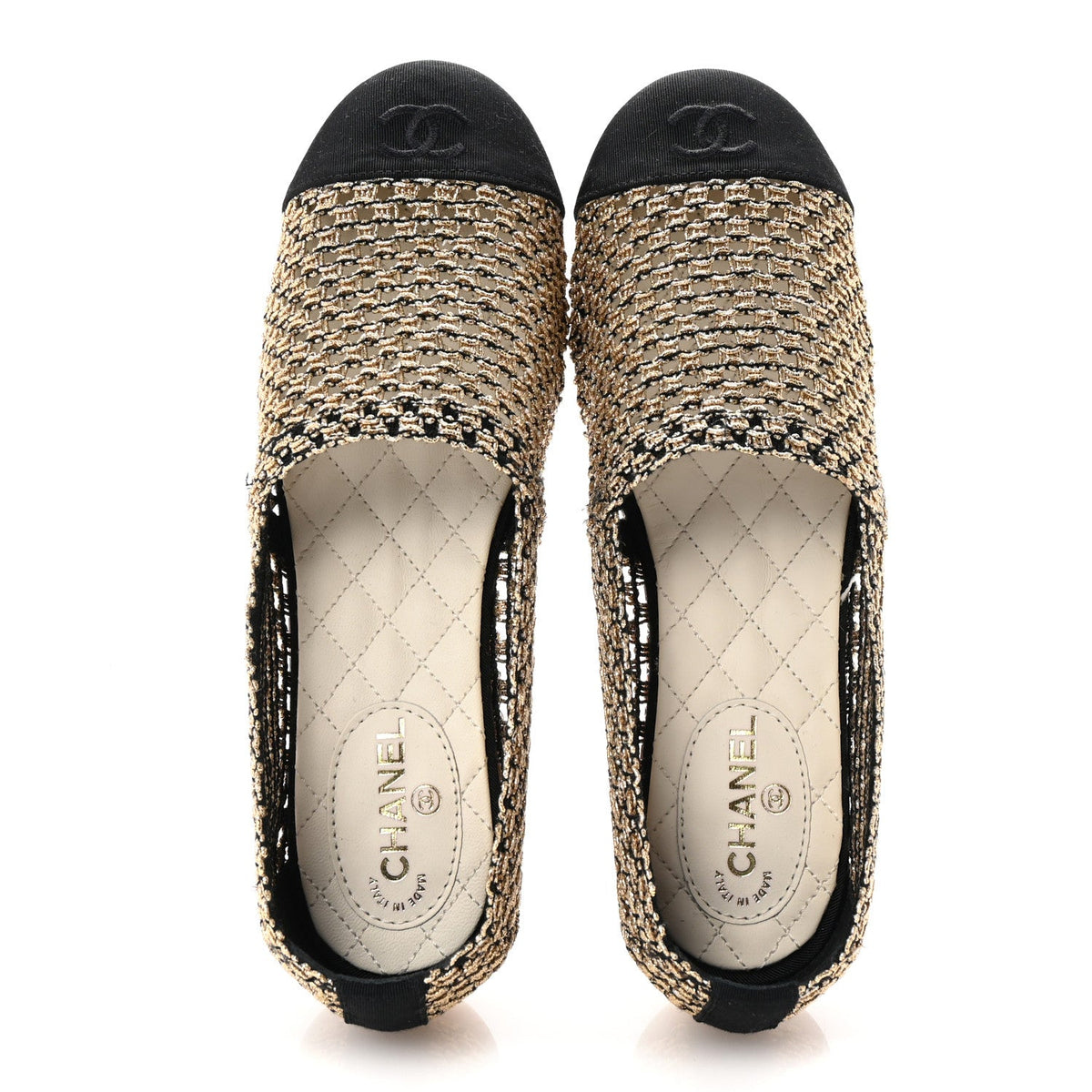Chanel Knit Grosgrain Women's Cap Toe CC Moccasin Loafers 36 Gold Black