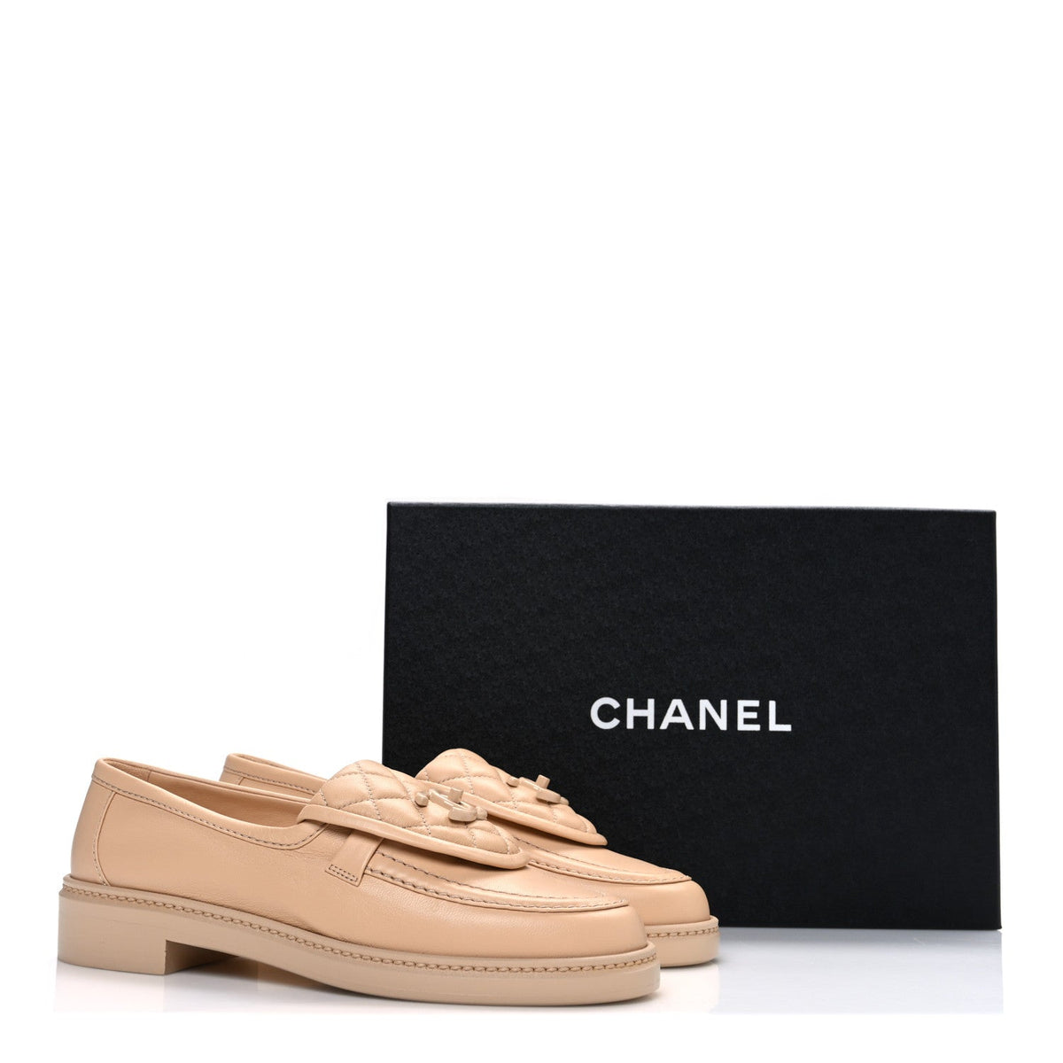 Chanel Lambskin Quilted CC Turnlock Beige Women's Moccasins