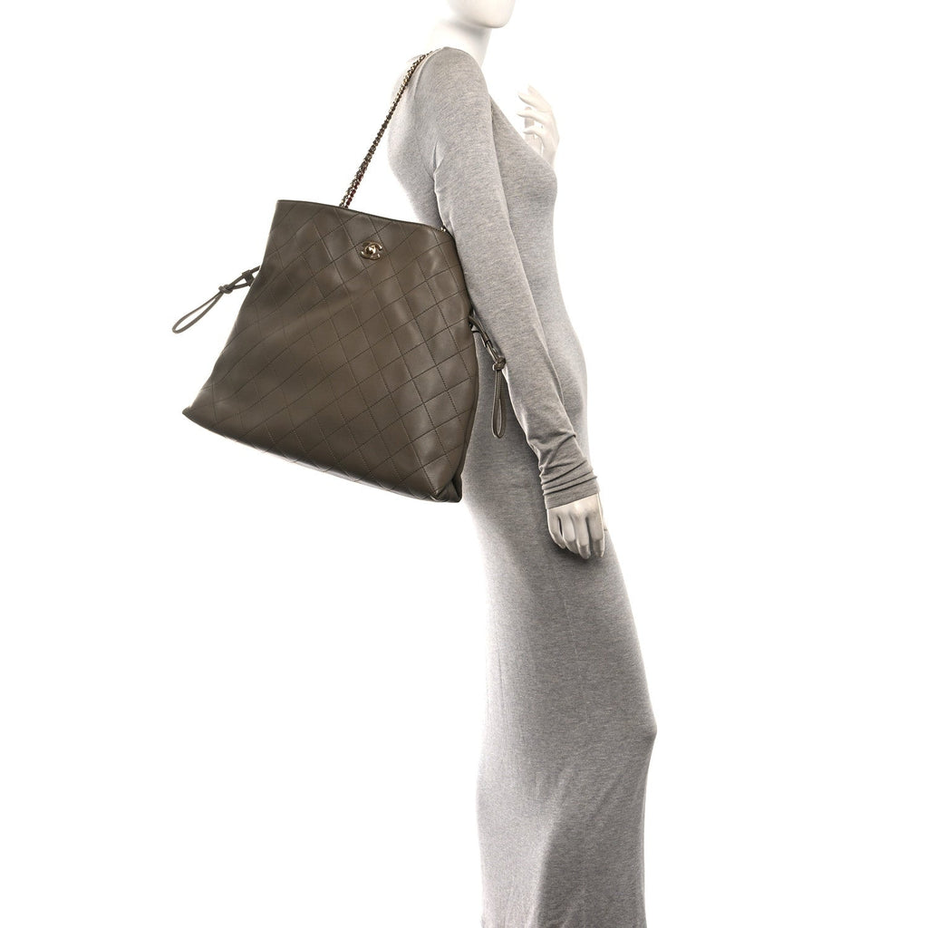 Chanel Lambskin Quilted Drawstring Shopping Bag Dark Khaki