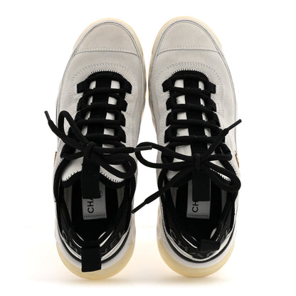 Chanel Suede Calfskin Women's Grosgrain CC Sneakers 37.5 White