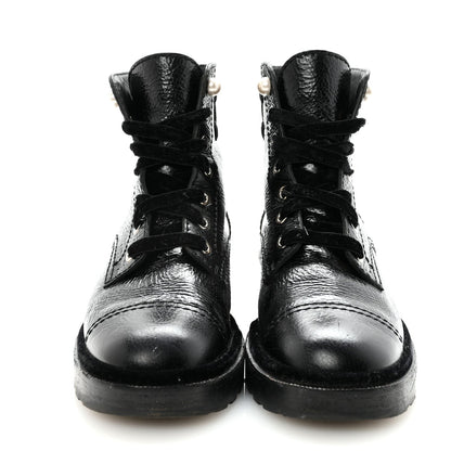 Chanel Shiny Calfskin Velvet Pearl Women's Combat Short Boots 38.5 Black