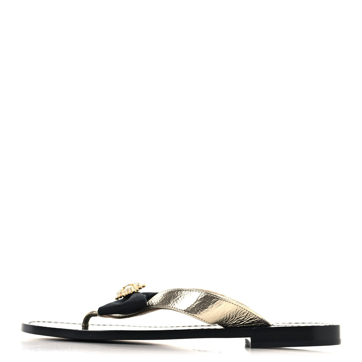Metallic Laminated Goatskin Grosgrain Bow Pearl Thong Sandals Gold