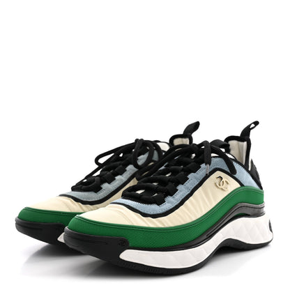 Chanel Suede Calfskin Mixed Fibers Women's CC Sneakers 39 Ivory Green Light Blue