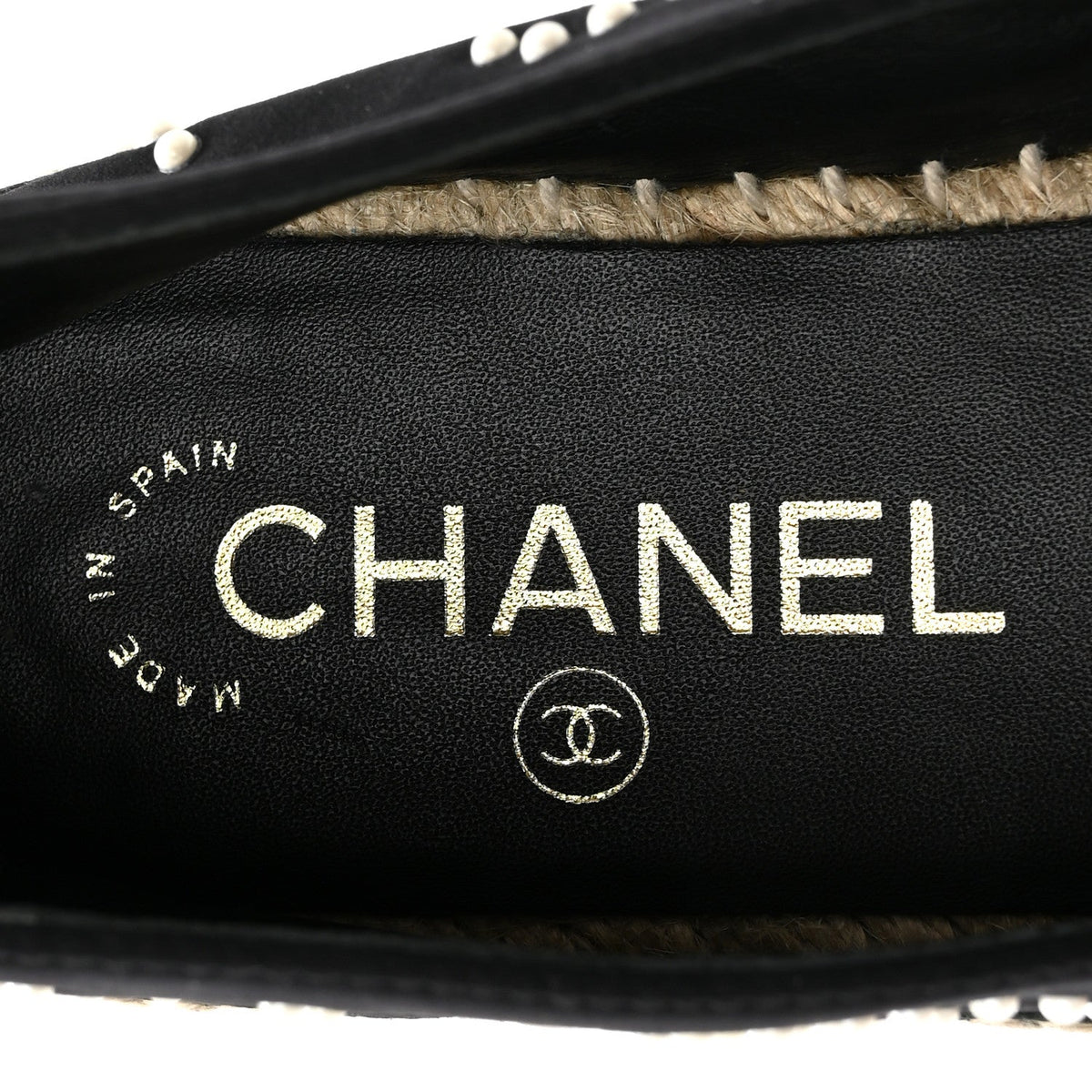 Chanel Neoprene Patent Calfskin Women's Pearl CC Espadrilles 35 Black White