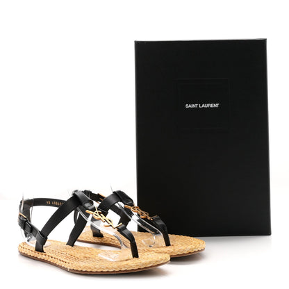 Saint Laurent Calfskin Raffia Cassandra Women's Sandals Black