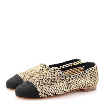 Chanel Knit Grosgrain Women's Cap Toe CC Moccasin Loafers 36 Gold Black