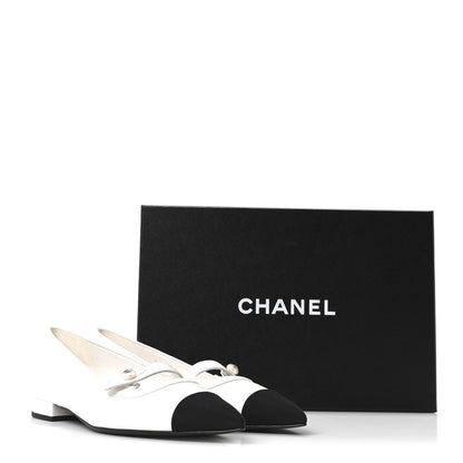 Chanel Lambskin Grosgrain Women's Pearl Mary Janes Flats 37.5 White Black