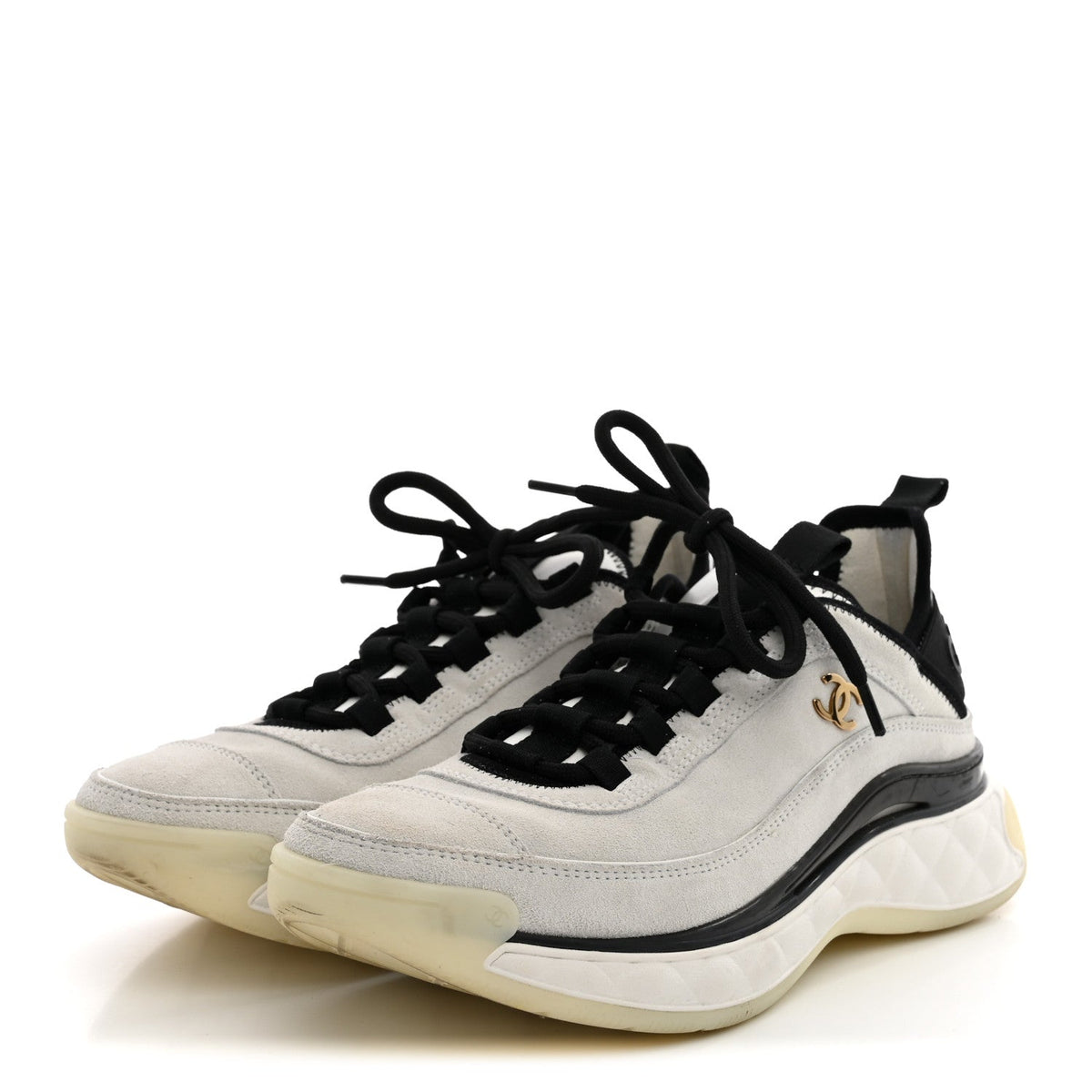 Chanel Suede Calfskin Women's Grosgrain CC Sneakers 37.5 White