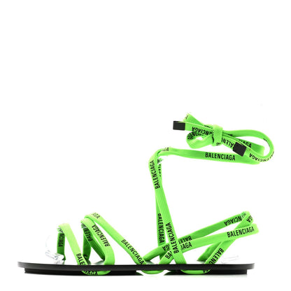 Balenciaga Nylon Calfskin Women's Logo Lace Flat Sandals 37 Neon Green