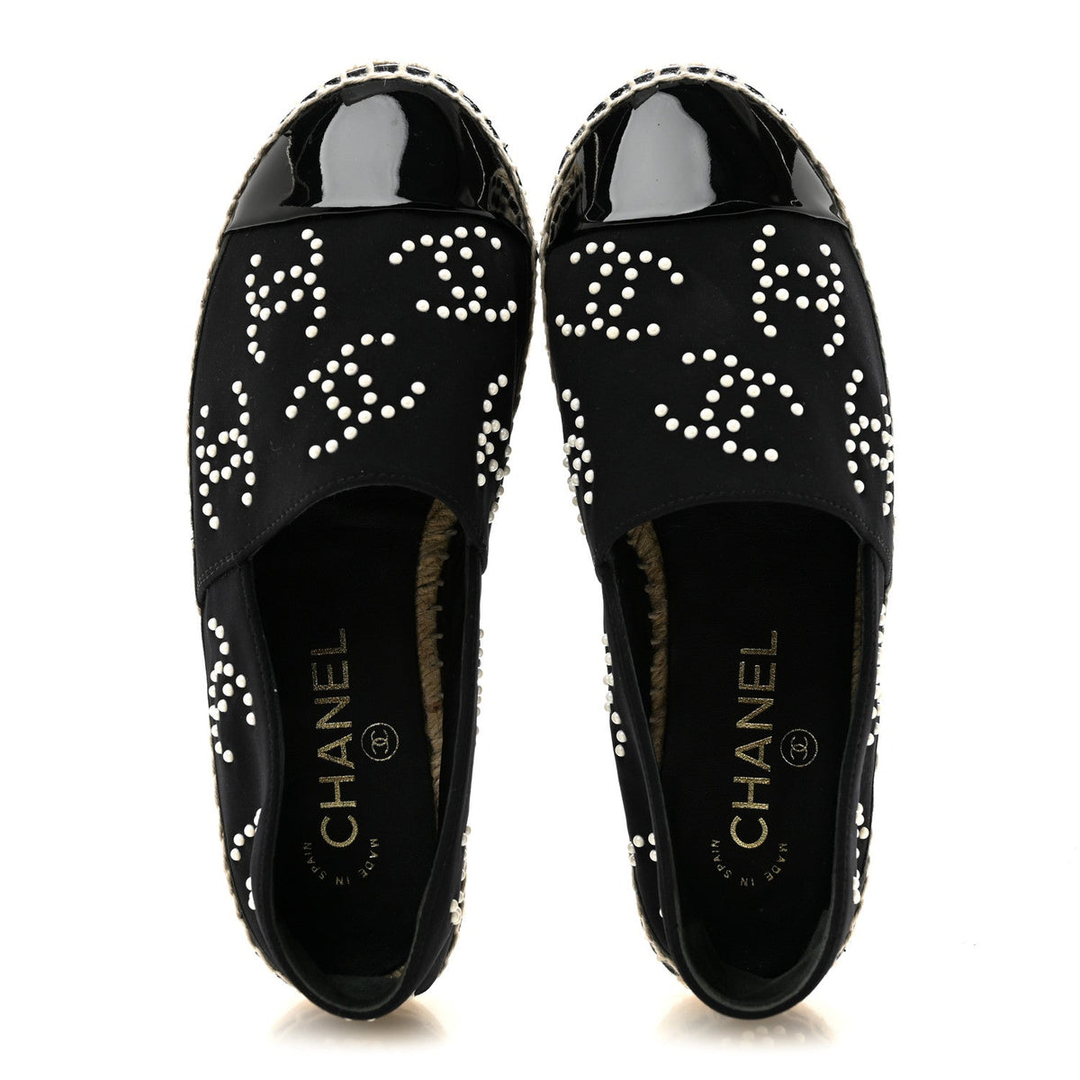 Chanel Neoprene Patent Calfskin Women's Pearl CC Espadrilles 35 Black White