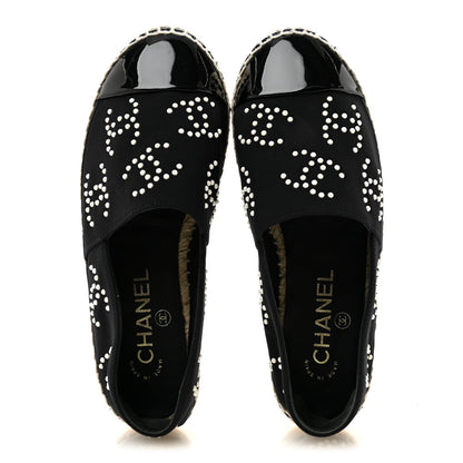 Chanel Neoprene Patent Calfskin Women's Pearl CC Espadrilles 35 Black White