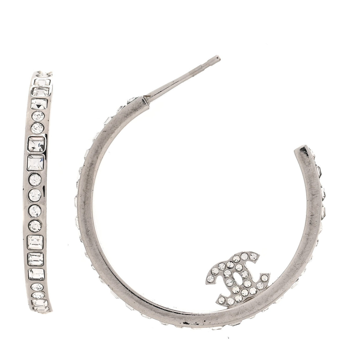 Metal Crystal Baguette CC Large Hoop Earrings Silver