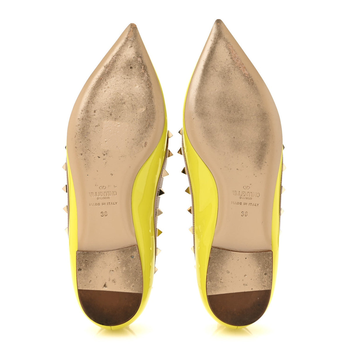 Valentino Garavani Patent Leather Women's Rockstud Flats 38 Acid Yellow