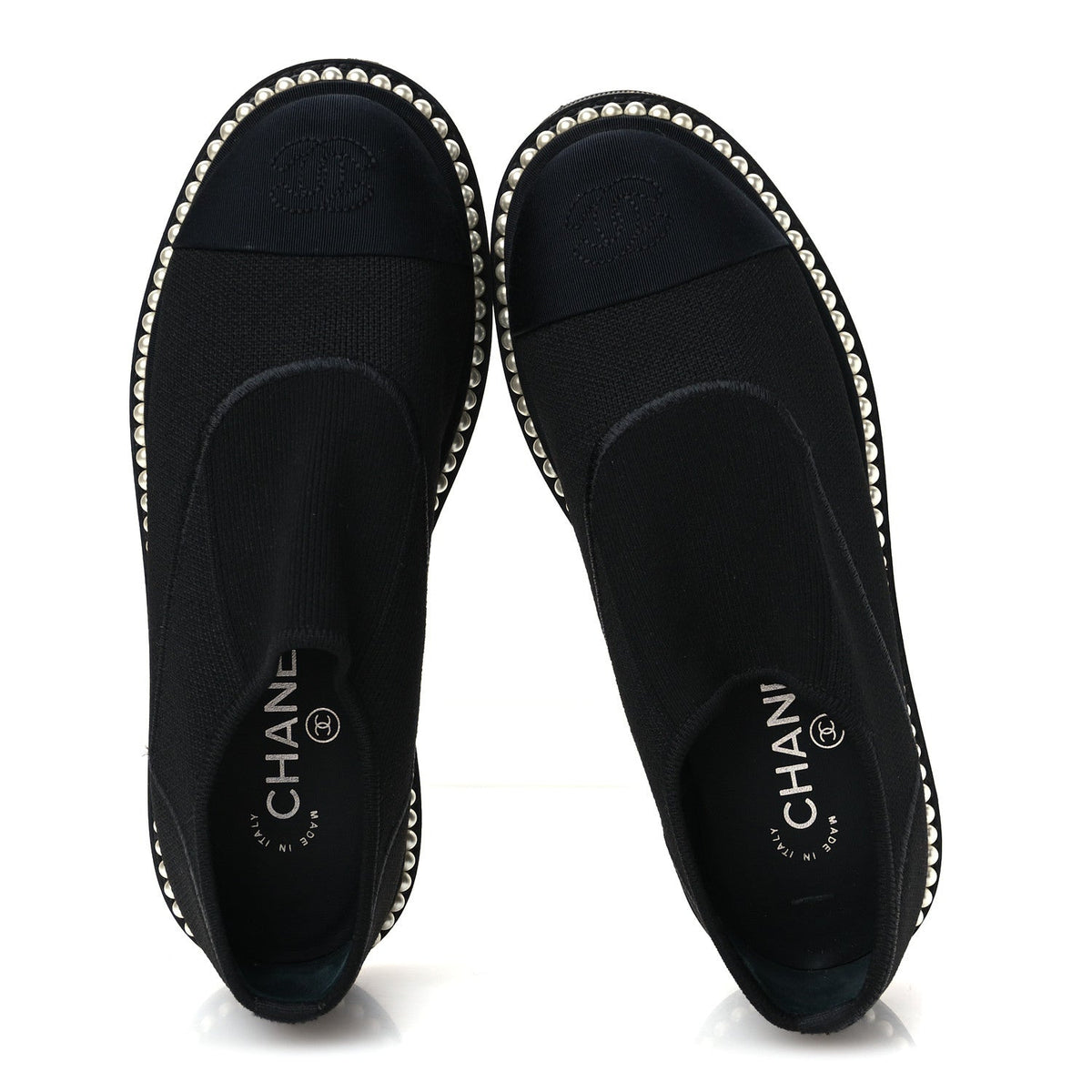 Chanel Stretch Fabric Grosgrain Women's Pearl Cap Toe CC Loafers 35.5 Black