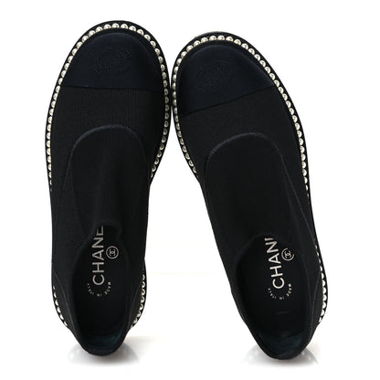 Chanel Stretch Fabric Grosgrain Women's Pearl Cap Toe CC Loafers 35.5 Black