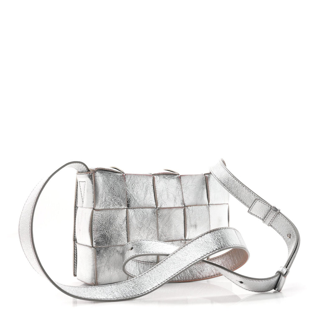 Bottega Veneta Metallic Lambskin Maxi Intrecciato Cassette Crossbody Bag Silver