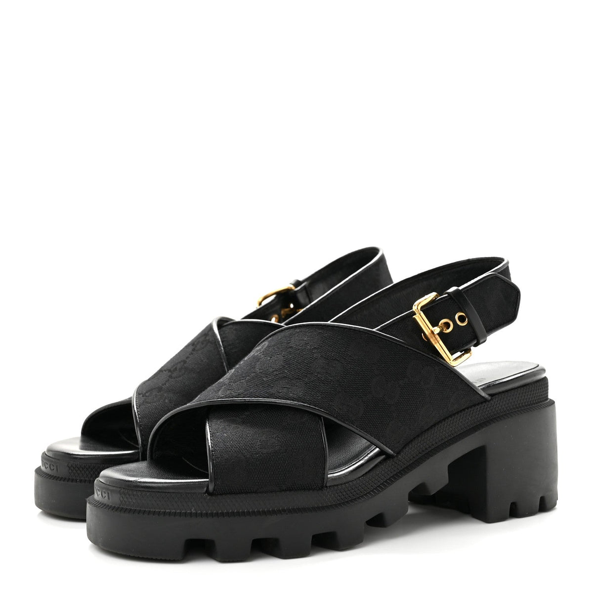 Gucci GG Canvas Women's Monogram Trip Lug Sole Sandals 38.5 Black