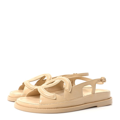 Chanel Shiny Crumpled Lambskin CC Cut Out Women's Sandals Beige
